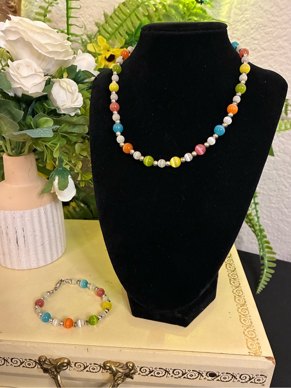 Colorful Multicolor Glass Beaded Necklace with Silver Accent Beads
